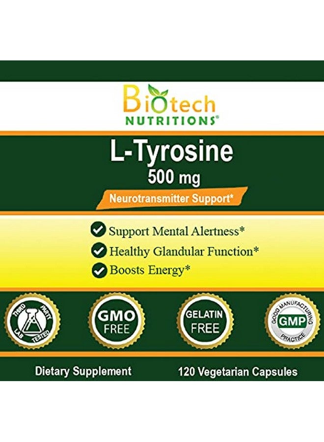 Biotech Nutritions L تيروزين 500 ملغ 120 كبسولة نباتية مصنوعة في الولايات المتحدة خالية من الكائنات المعدلة وراثيًا وخالية من الجيلاتين - Image 3