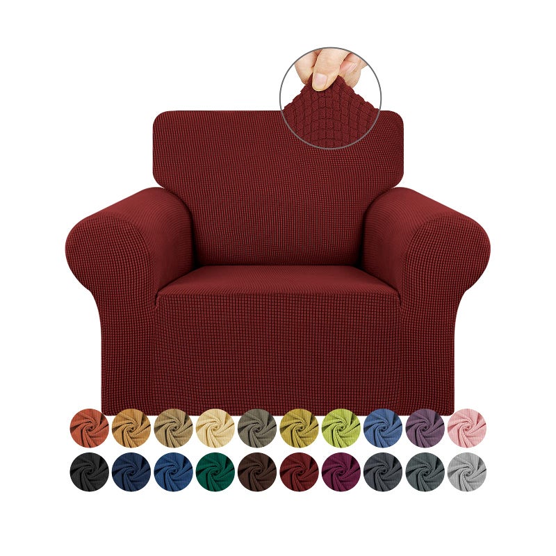 KEKUOU Stretch Single Sofa Slipcover 1 Piece Couch Sofa Cover 3255 Furniture Protector 1 Seater Sofa with Elastic Bottom for KidsPetJacquard Small Checked Pattern FabricSmallDark Red