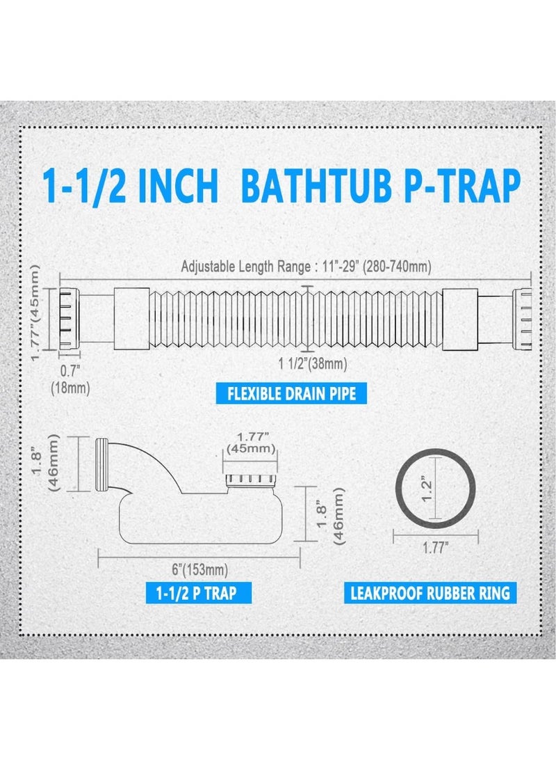 Low Profile 1 1/2 P Trap, Flexible Bathtub Shower Drain Pipe, Flat P Trap Freestanding Tub Drain for Bath - Image 3