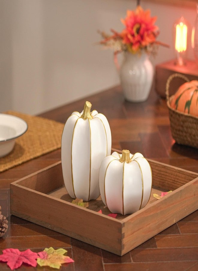 NEWLIGHTURE Decorative Fall Pumpkins, 2 Piece White and Gold Resin Figurines, Thanksgiving Harvest Table Centerpiece - Image 2