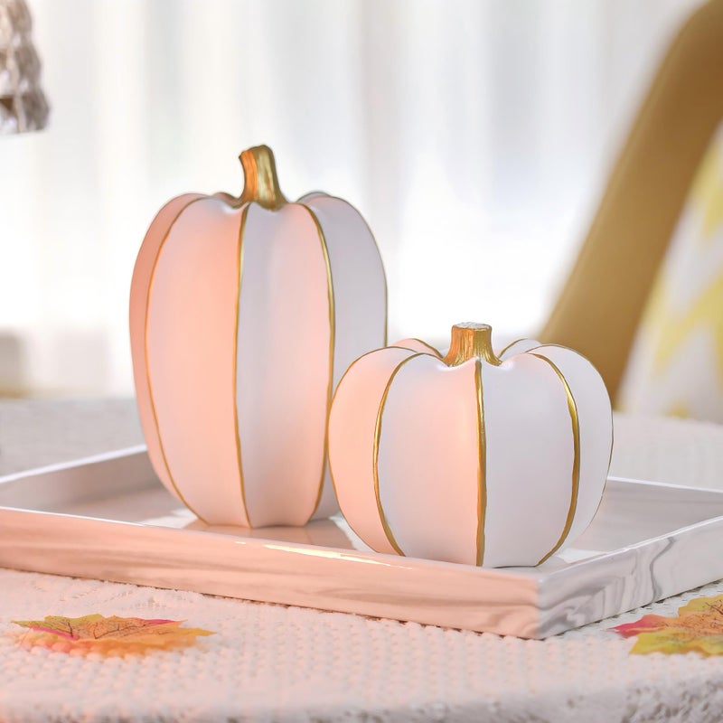 NEWLIGHTURE Decorative Fall Pumpkins, 2 Piece White and Gold Resin Figurines, Thanksgiving Harvest Table Centerpiece - Image 1