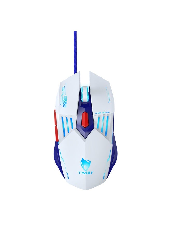 T-WOLF G560 6D wired gaming mouse 3600DPI high-precision gaming computer mouse ergonomic backlit white USB optical mouse - Image 1