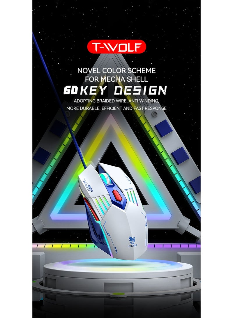 T-WOLF G560 6D wired gaming mouse 3600DPI high-precision gaming computer mouse ergonomic backlit white USB optical mouse - Image 2