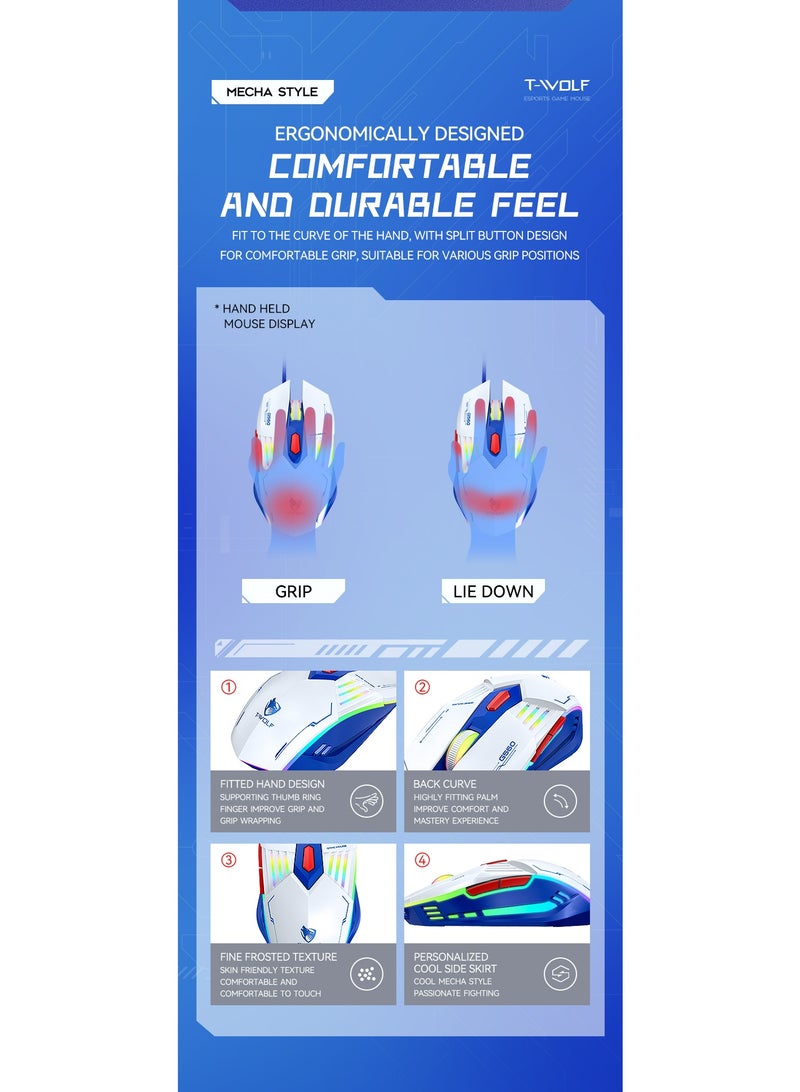 T-WOLF G560 6D wired gaming mouse 3600DPI high-precision gaming computer mouse ergonomic backlit white USB optical mouse - Image 5