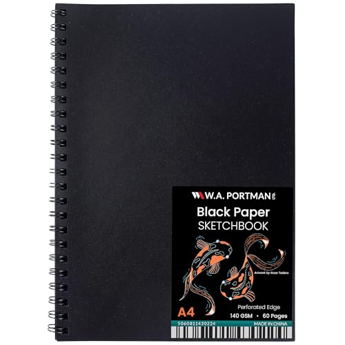 W.A. Portman WA Portman Black Paper Sketchbook A4 (8.3" x 11.7") – 140 GSM Acid-Free Black Book Marker Paper – 60 Pages (30 Sheets) Spiral Scrapbook Journal – Mixed Media Sketch Pad for Kids & Adults - Image 1