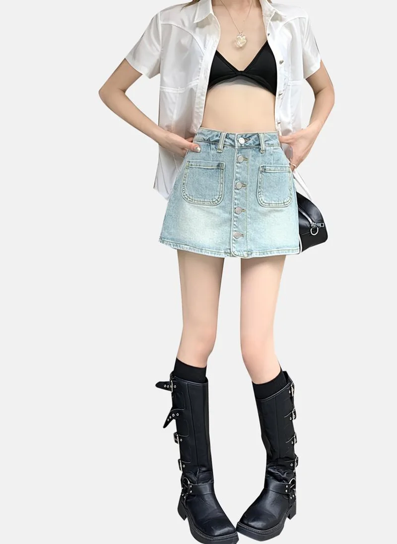 YUNIQEE Blue Solid Denim Mini Skirt