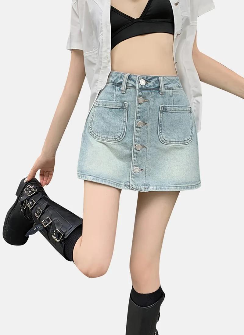 YUNIQEE Blue Solid Denim Mini Skirt