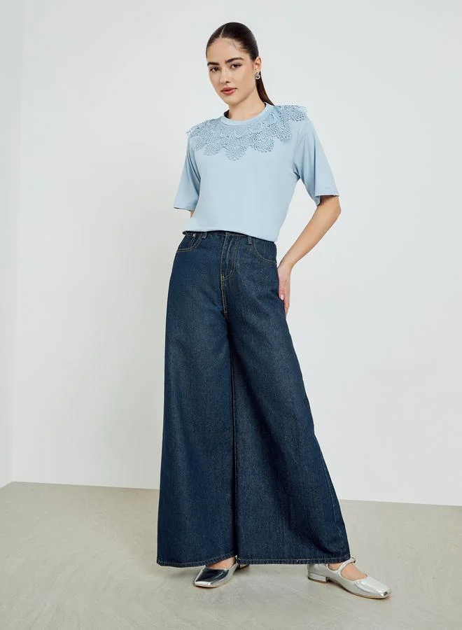 Styli Blue Lace Neckline Short Sleeve T-Shirt