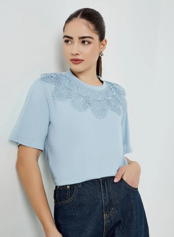 Styli Blue Lace Neckline Short Sleeve T-Shirt