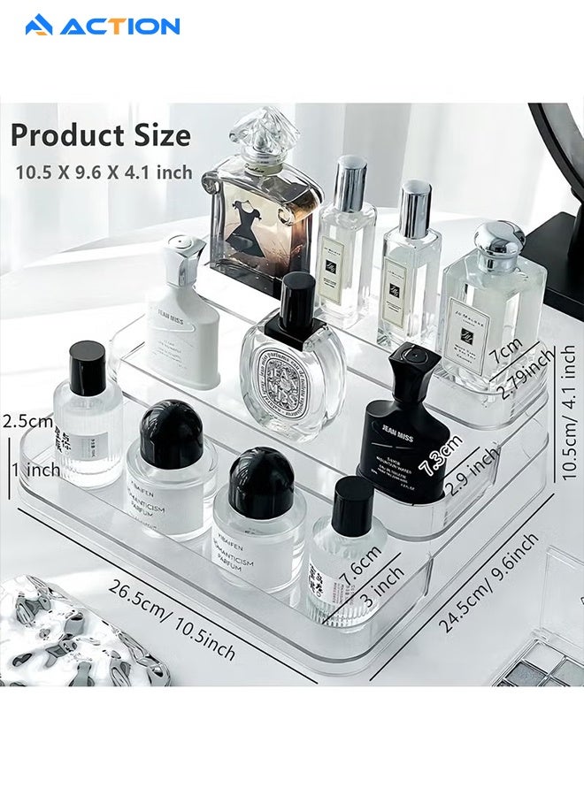 أكشن قطعة واحدة من حامل عرض أكريليك شفاف، منظم عطور ومستحضرات تجميل، رف بثلاثة أدوار، حامل لوشن ومستحضرات العناية بالبشرة، حافظة توابل، رف شفاف متين لتخزين أسطح المطبخ والحمام. - Image 2