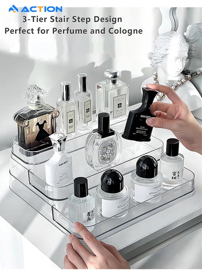 أكشن قطعة واحدة من حامل عرض أكريليك شفاف، منظم عطور ومستحضرات تجميل، رف بثلاثة أدوار، حامل لوشن ومستحضرات العناية بالبشرة، حافظة توابل، رف شفاف متين لتخزين أسطح المطبخ والحمام. - Image 5