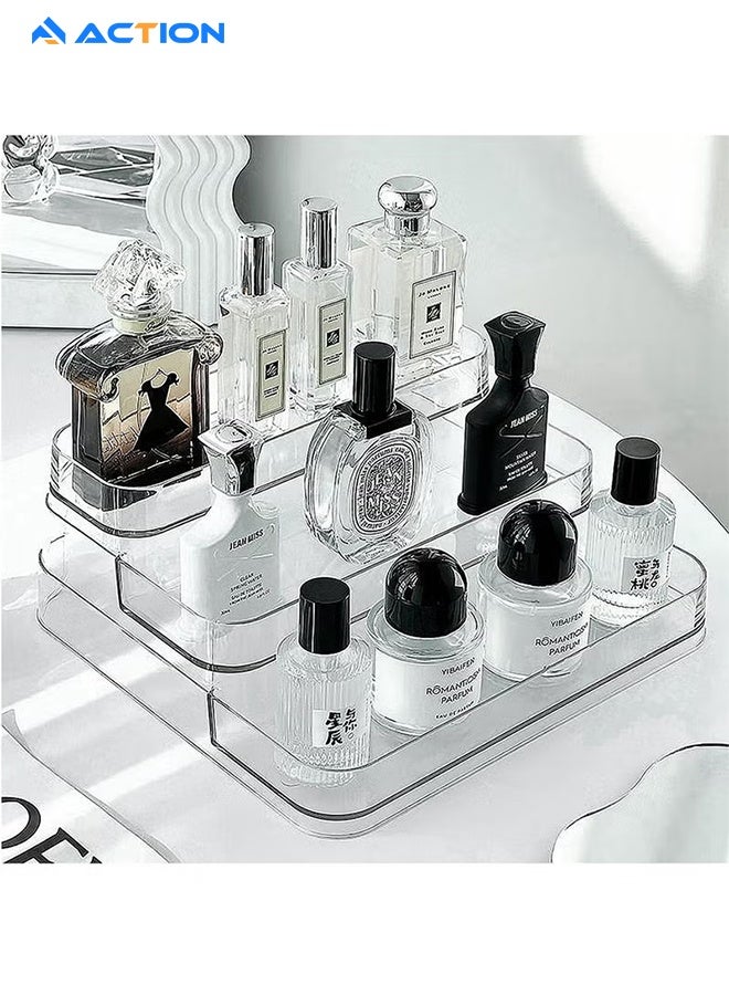 أكشن قطعة واحدة من حامل عرض أكريليك شفاف، منظم عطور ومستحضرات تجميل، رف بثلاثة أدوار، حامل لوشن ومستحضرات العناية بالبشرة، حافظة توابل، رف شفاف متين لتخزين أسطح المطبخ والحمام. - Image 1