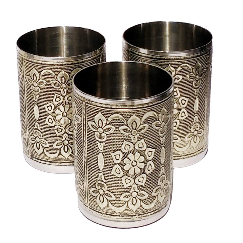 Newvent Stainless Steel Handmade Meenakari Flower Design Decorative Glass Set for Home Silver Oxidise Designer Drinking Glass Set Hand Made Unbreakable Serving Glass Set of 3pcs - Image 1