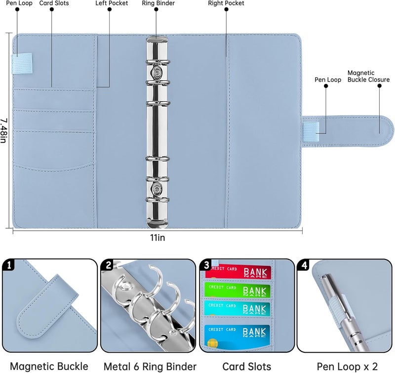 Antner A6 Notebook Binder Refillable 6 Ring Budget Binder Cover for A6 Refill Paper, PU Leather Budget Planner Organizer with Magnetic Buckle, Loose Leaf Personal Planner, Airy Blue - Image 2