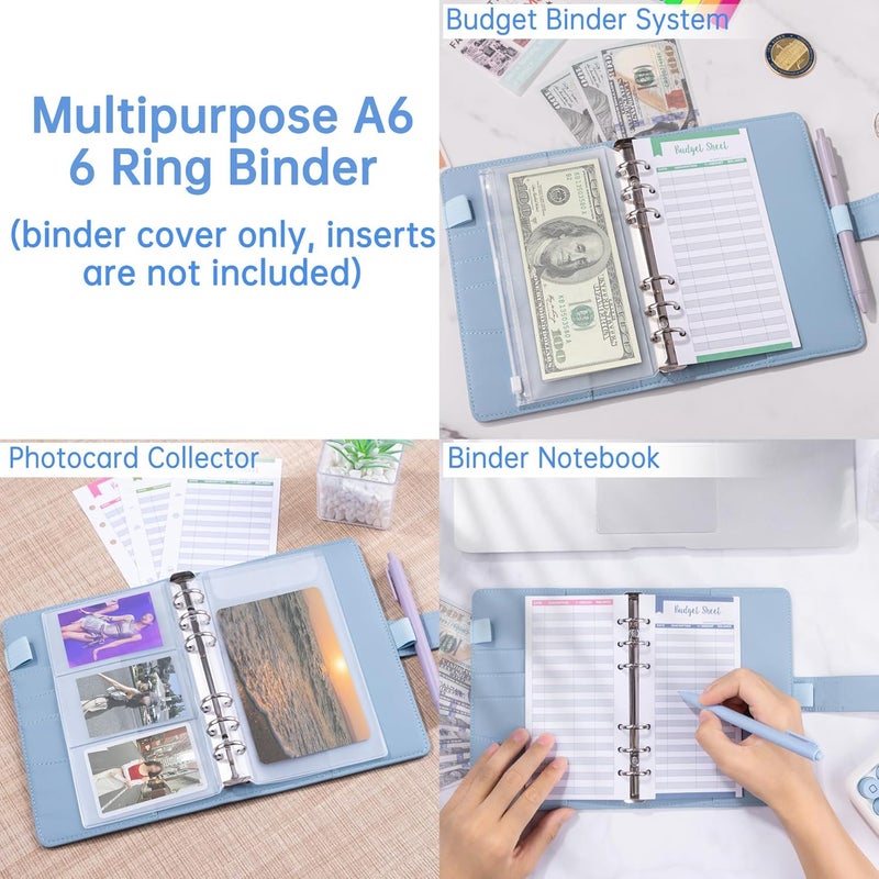 Antner A6 Notebook Binder Refillable 6 Ring Budget Binder Cover for A6 Refill Paper, PU Leather Budget Planner Organizer with Magnetic Buckle, Loose Leaf Personal Planner, Airy Blue - Image 4