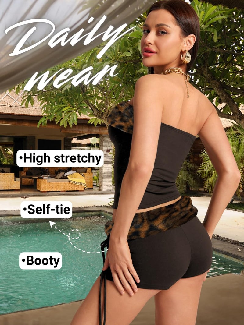 EHSUYAB 2000S Sexy 2 Piece Leopard Club Outfits, Ruched Tube Strapless Crop Top, Low Rise Booty Shorts Casual Going Out Rave Dark Brown-Black Cheetah Small - Image 3