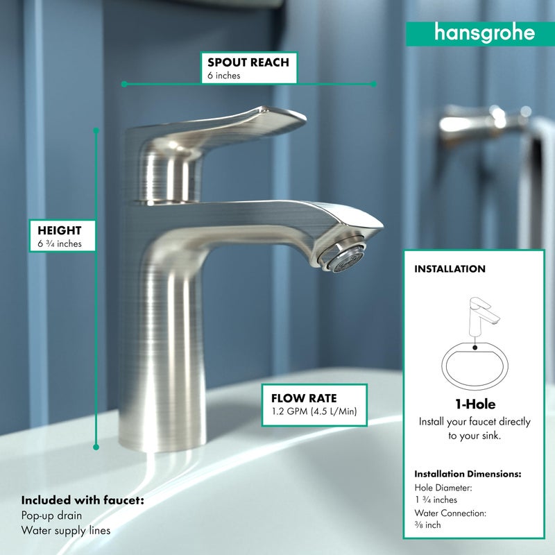hansgrohe Metris Modern Upgrade Easy Install 1-Handle 1 7-inch Tall Bathroom Sink Faucet in Brushed Nickel, 31080821 - Image 4