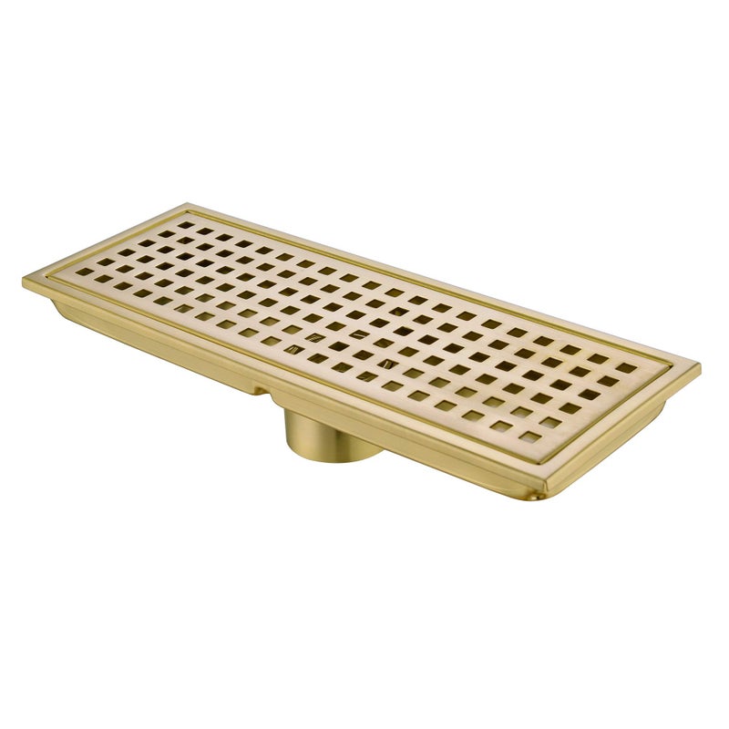 Orhemus Linear Shower Floor Drain with Removable Cover Grid Grate 12 inch Long Rectangle SUS 304 Stainless Steel Brushed Gold Brass Finished