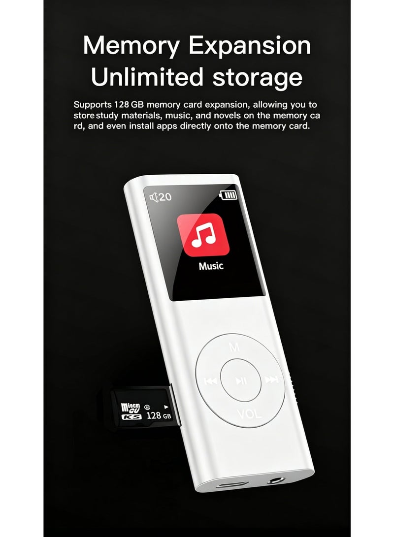 SANMUDII This Bluetooth MP3 player features 128GB of storage, a smart operating system, a vibrant user interface, and an IPS HD display. It includes a built-in speaker and supports FM radio, voice recording, and e-book reading. Designed specifically for sports and running, this portable media player makes an excellent gift for classmates, friends, family, or students—perfect for the holidays (White) - Image 2