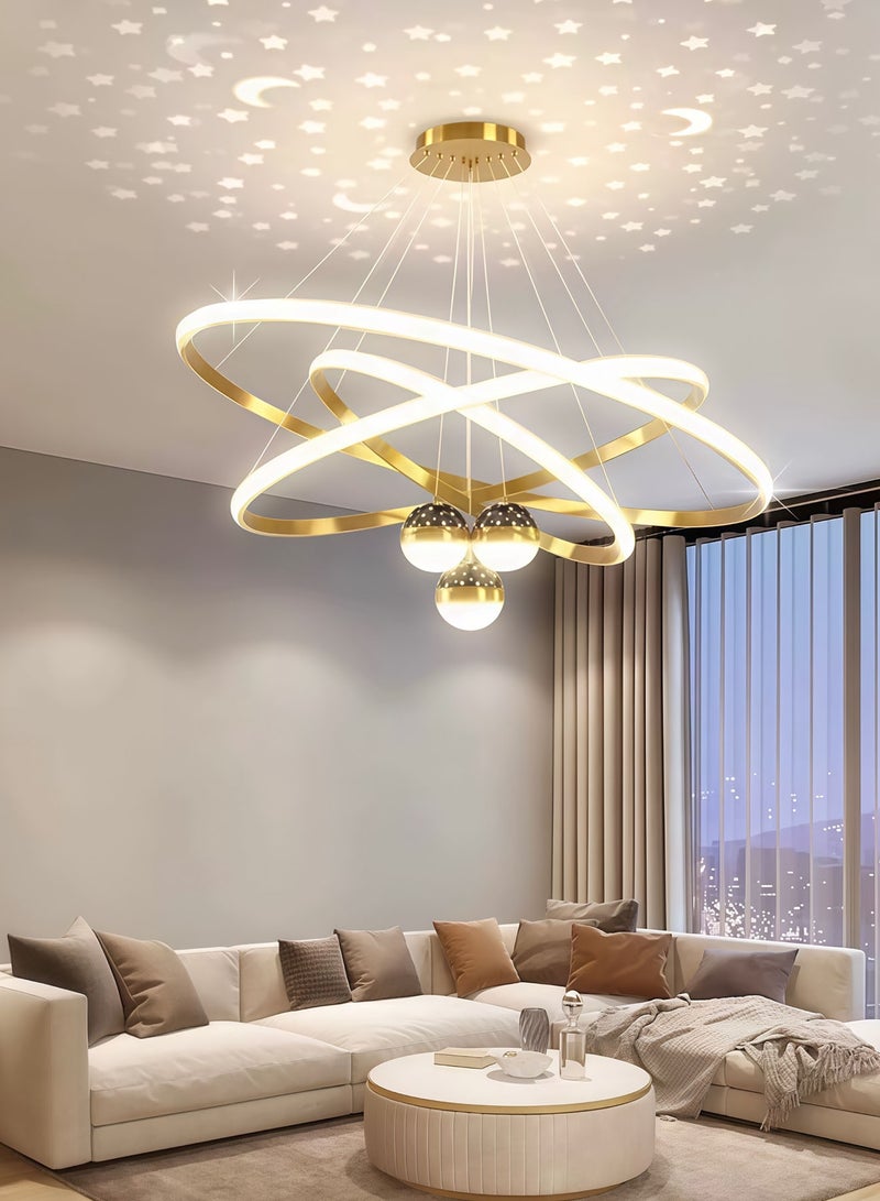 الواحة الذهبية  ثريا LED عصرية مع جهاز تحكم عن بُعد، إضاءة معلّقة قابلة للتعتيم، إسقاط نجوم على السقف، ثلاث حلقات قابلة للتعديل، مناسبة للمطبخ وغرفة المعيشة وغرفة الطعام والمدخل، باللون الذهبي - Image 1