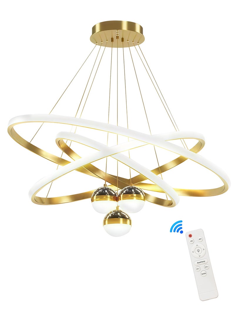 الواحة الذهبية  ثريا LED عصرية مع جهاز تحكم عن بُعد، إضاءة معلّقة قابلة للتعتيم، إسقاط نجوم على السقف، ثلاث حلقات قابلة للتعديل، مناسبة للمطبخ وغرفة المعيشة وغرفة الطعام والمدخل، باللون الذهبي - Image 2