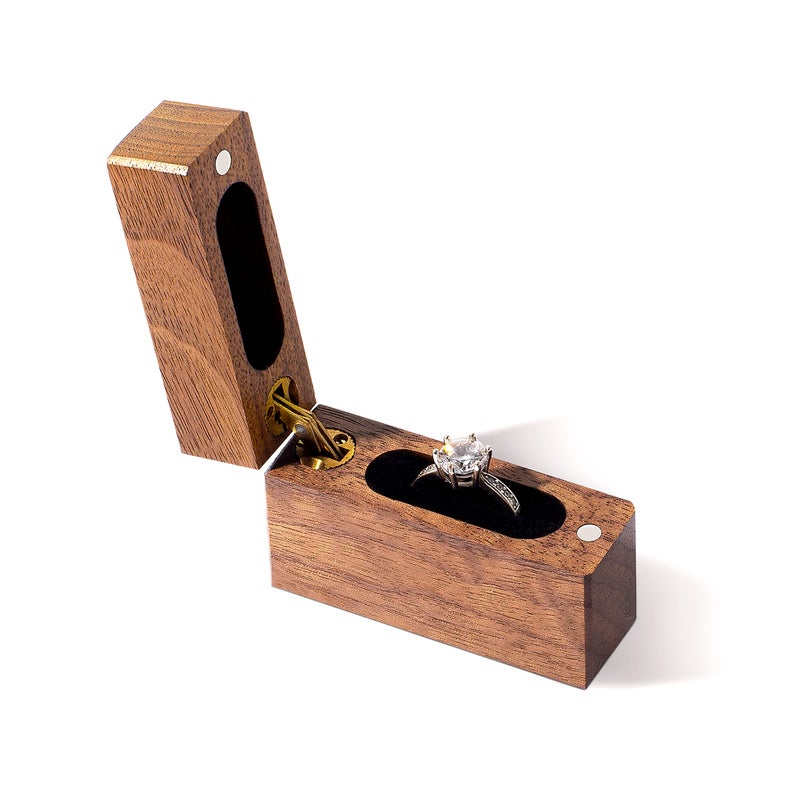 Wislist Wooden Engagement Ring Box Small Slim Flat Ring Case for Proposal,Wedding (Walnut Wood) - Image 3