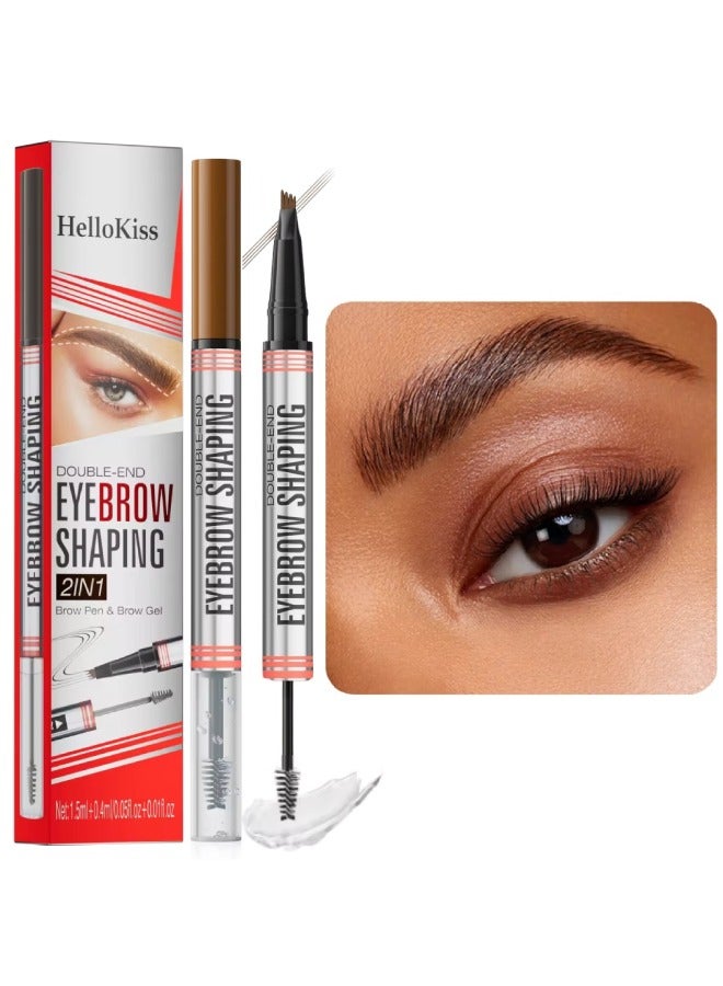 HelloKiss قلم حواجب مزدوج الطرف 2 في 1 برأس 4 نصائح جل تصفيف الحواجب الشفاف وقلم حواجب بلون يشبه الشعر ضربات سلسة قلم حواجب سائل بني فاتح 01 - Image 1