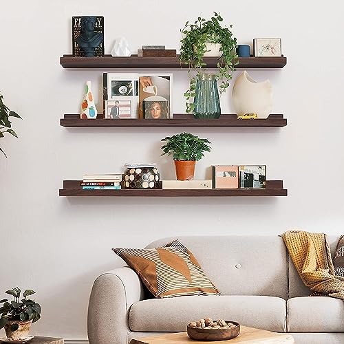 Streem Sheesham Wood Floating Shelves, Wall Shelves Set of 3, Picture Shelf Photo Ledge Shelves for Bathroom Kitchen and Bedroom,Livingroom & Office (35 inch, Walnut) - Image 2