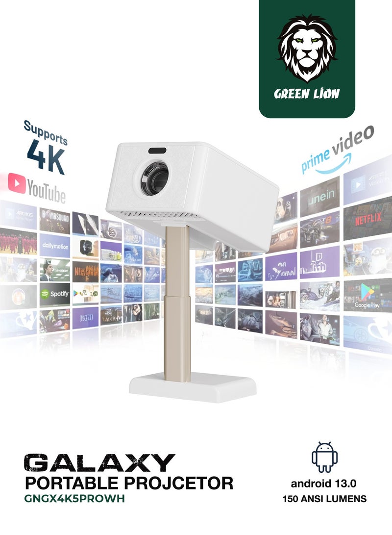 جرين ليون جهاز عرض سمارت جالاكسي مع نظام التشغيل Android 13 / فك تشفير 4K و Full HD / حجم شاشة قابل للتعديل / تركيز ليزر تلقائي / تصحيح تلقائي للمفتاح / بث الشاشة وعكس الشاشة / جودة صوت HiFi - أبيض - Image 1