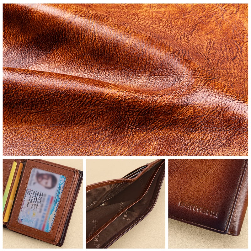 banyanu Men's Extra Large Capacity Tri-Fold Wallet - RFID Anti-Theft Genuine Leather Wallet (Blue-Gray) - Image 4