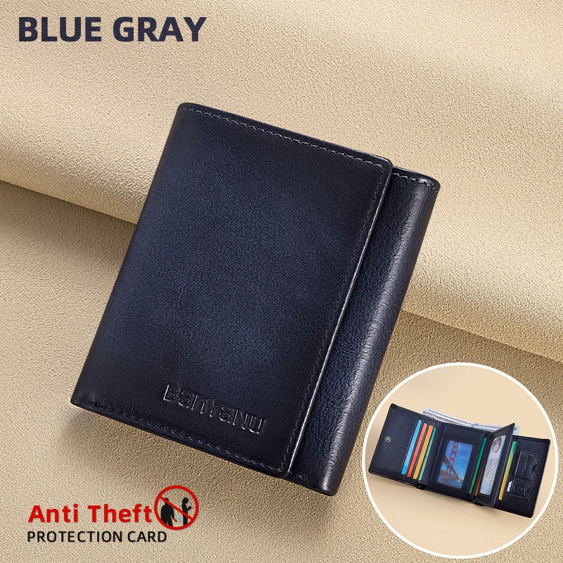 banyanu Men's Extra Large Capacity Tri-Fold Wallet - RFID Anti-Theft Genuine Leather Wallet (Blue-Gray) - Image 1