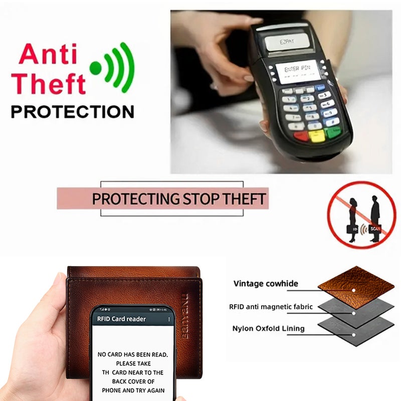 banyanu Men's Extra Large Capacity Tri-Fold Wallet - RFID Anti-Theft Genuine Leather Wallet (Blue-Gray) - Image 5