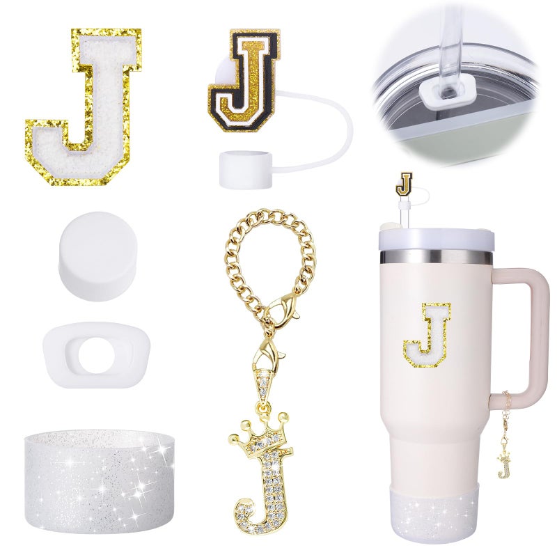 Mity Rain 6pcs Cup Accessories Set for Stanley 30 oz 40 oz Tumbler with Handle Including Straw Cover Cup Initials Charm Silicone Boot Stopper Letter J