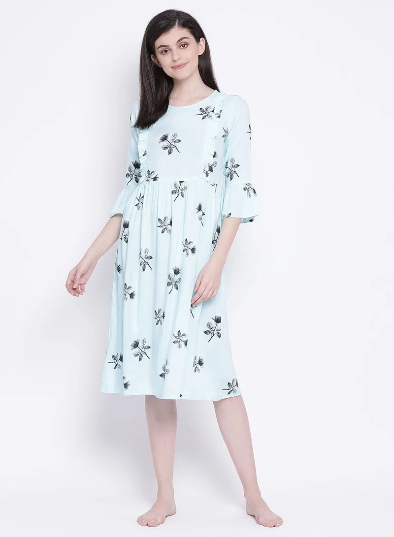 كلوفيا Clovia Pretty Florals Mid Length Feeding Night Dress In Sky Blue - Rayon