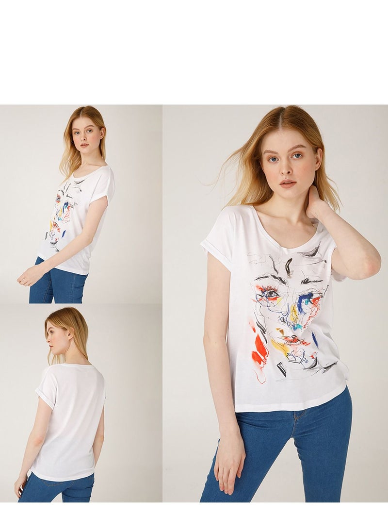 Biggdesign Red Face T-Shirt, Patterned, Printed T-Shirt, Women T-Shirt, Soft Cotton Fabric, Size L  - Image 3