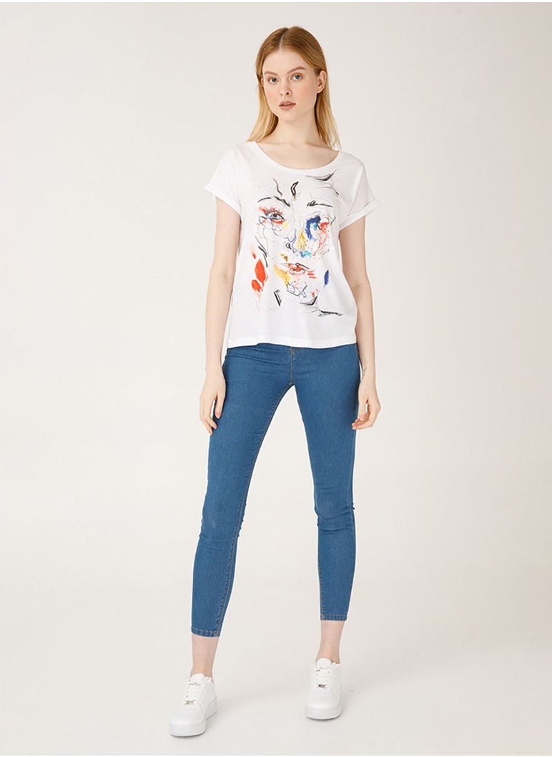 Biggdesign Red Face T-Shirt, Patterned, Printed T-Shirt, Women T-Shirt, Soft Cotton Fabric, Size L  - Image 1