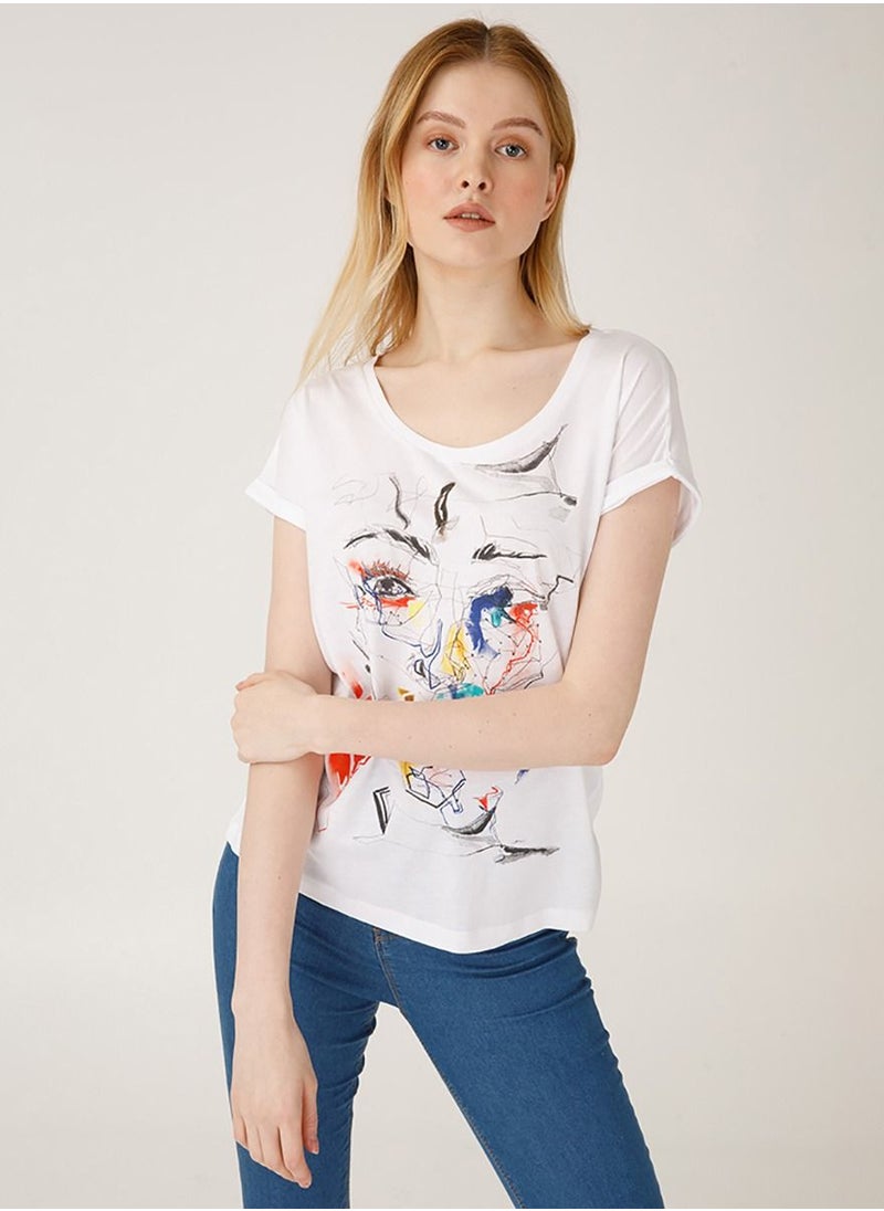 Biggdesign Red Face T-Shirt, Patterned, Printed T-Shirt, Women T-Shirt, Soft Cotton Fabric, Size L  - Image 2