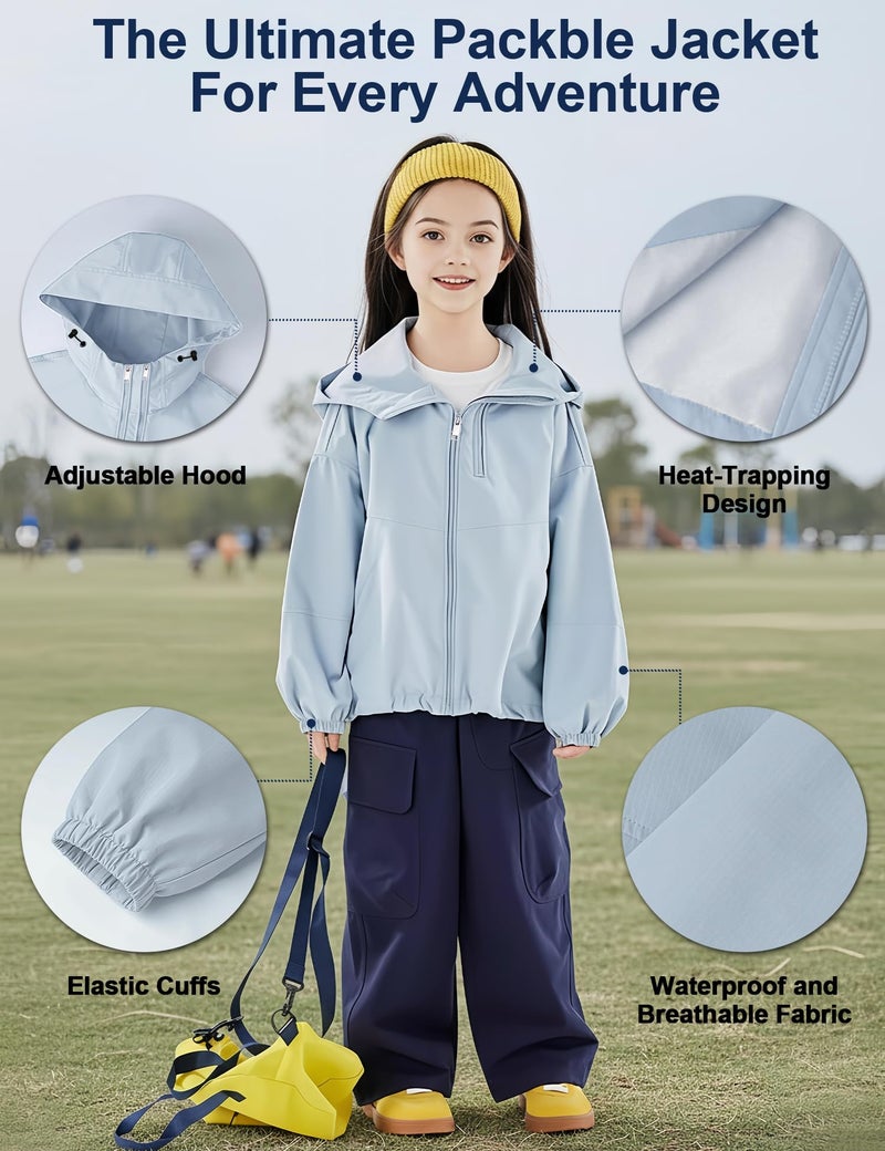 Venzina® Kids Windbreaker, Lightweight Waterproof Breathable Jacket with Adjustable Hood for Boys & Girls, Windproof Rain Coat for Outdoor Running, Camping, School, 140CM - Image 4