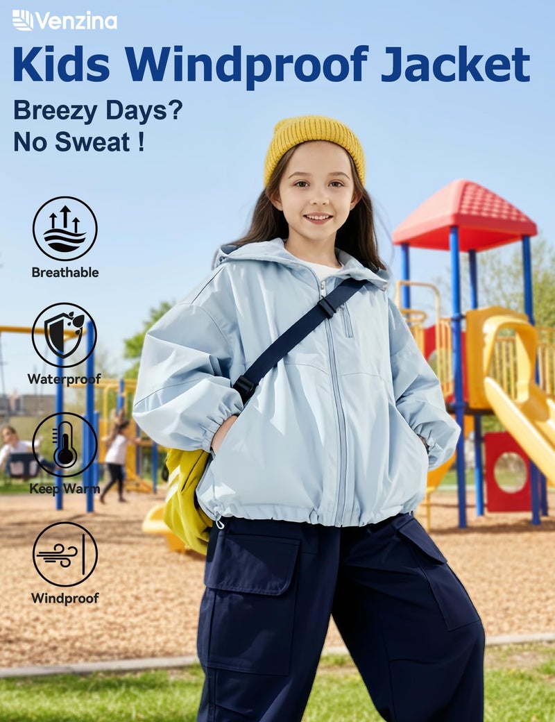 Venzina® Kids Windbreaker, Lightweight Waterproof Breathable Jacket with Adjustable Hood for Boys & Girls, Windproof Rain Coat for Outdoor Running, Camping, School, 140CM - Image 2
