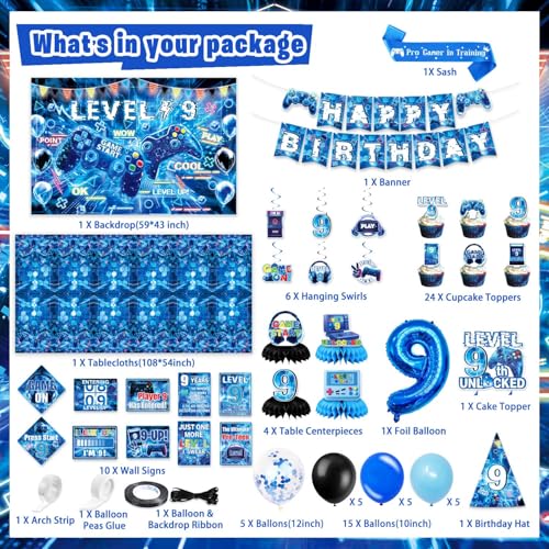 Mpanwen Gamer 9th Birthday Decorations for Boys Blue Video Game Level 9 Bday Party Decor Supplies for 9 Years Old Boy with Backdrop Banner Tablecloth Centerpieces Hanging Swirls Hat Wall Signs - Image 5