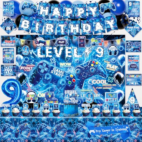 Mpanwen Gamer 9th Birthday Decorations for Boys Blue Video Game Level 9 Bday Party Decor Supplies for 9 Years Old Boy with Backdrop Banner Tablecloth Centerpieces Hanging Swirls Hat Wall Signs - Image 1