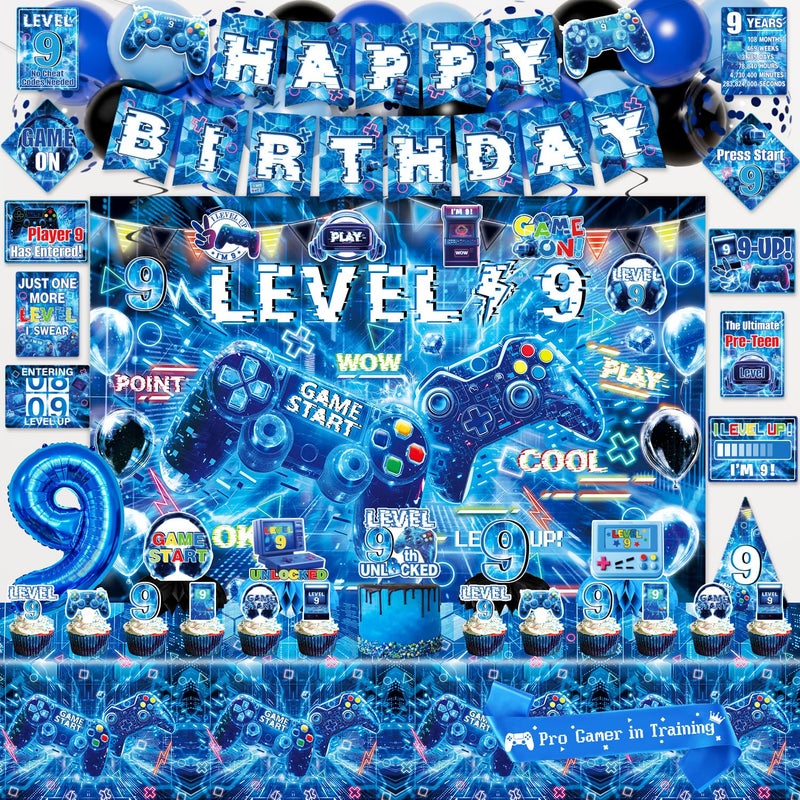 Mpanwen Gamer 9th Birthday Decorations for Boys Blue Video Game Level 9 Bday Party Decor Supplies for 9 Years Old Boy with Backdrop Banner Tablecloth Centerpieces Hanging Swirls Hat Wall Signs - Image 3
