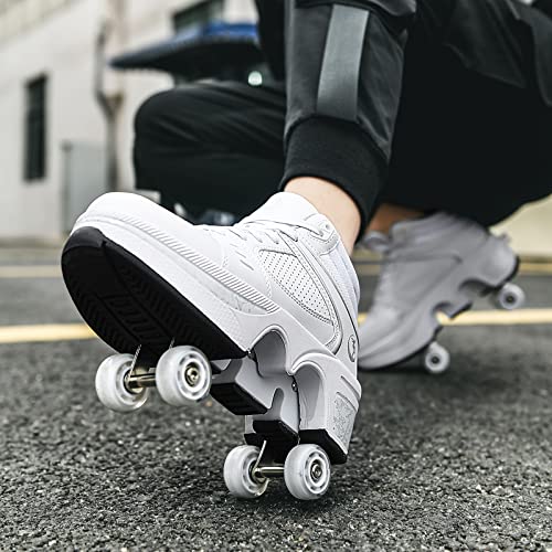 Deformation Roller Skates أحذية التزلج على العجلات للنساء أربعة جولات أحذية تزلج للأطفال تتحول إلى أحذية رياضية خارجية خفيفة مع عجلات للفتيات/الأولاد (أبيض بدون إضاءة، مقاس 10.5 أمريكي) - Image 3
