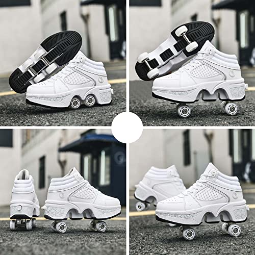 Deformation Roller Skates أحذية التزلج على العجلات للنساء أربعة جولات أحذية تزلج للأطفال تتحول إلى أحذية رياضية خارجية خفيفة مع عجلات للفتيات/الأولاد (أبيض بدون إضاءة، مقاس 10.5 أمريكي) - Image 5