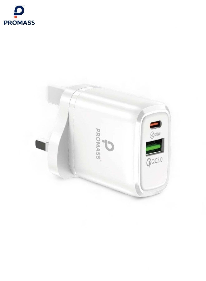 بروماس شاحن بتقنية USB، للشحن السريع منفذين 38W منفذ PD 20W و منفذ USB 18 W متوافق مع الهواتف الذكية والأجهزة المحمولة مثل ايفون وجالكسي وهواوي وغيرها، بمنفذين - Image 1