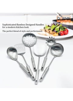 Beram Cooking Utensils Set, 304 Stainless Steel, 6 Pieces, Soup Spoon, Spatula, Slotted Turner, Rice Scoop, Pasta Server, Skimmer, Food Grade, Kitchen Tools with Bamboo Shaped Handles  - Image 2