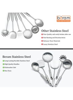Beram Cooking Utensils Set, 304 Stainless Steel, 6 Pieces, Soup Spoon, Spatula, Slotted Turner, Rice Scoop, Pasta Server, Skimmer, Food Grade, Kitchen Tools with Bamboo Shaped Handles  - Image 3