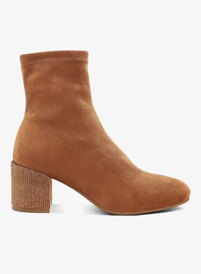 London Rag London Rag Women's Rhinestones Embellished Block Heel Boots in Tan