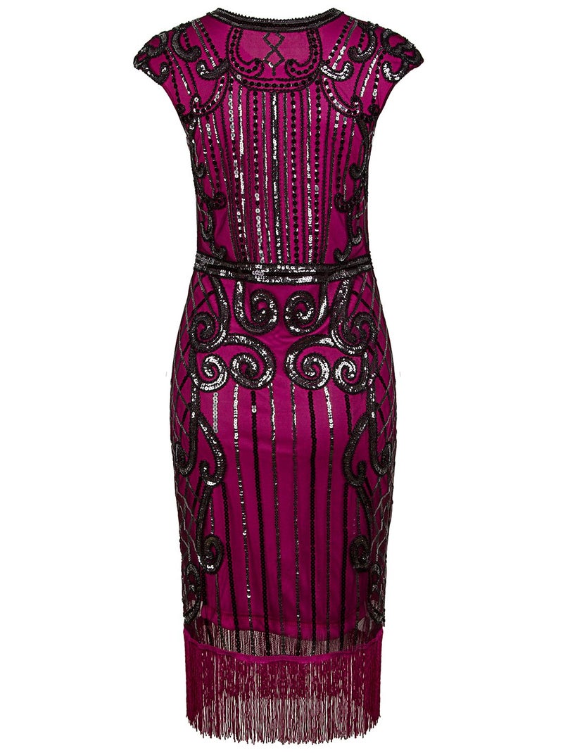 Vijiv 1920s Vintage Inspired Sequin Embellished Fringe Long Gatsby Flapper Dress,Rose Red,XX-Large - Image 4