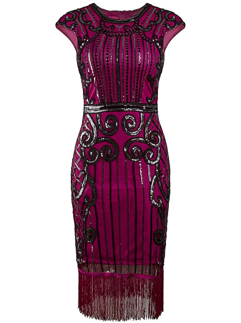 Vijiv 1920s Vintage Inspired Sequin Embellished Fringe Long Gatsby Flapper Dress,Rose Red,XX-Large - Image 1